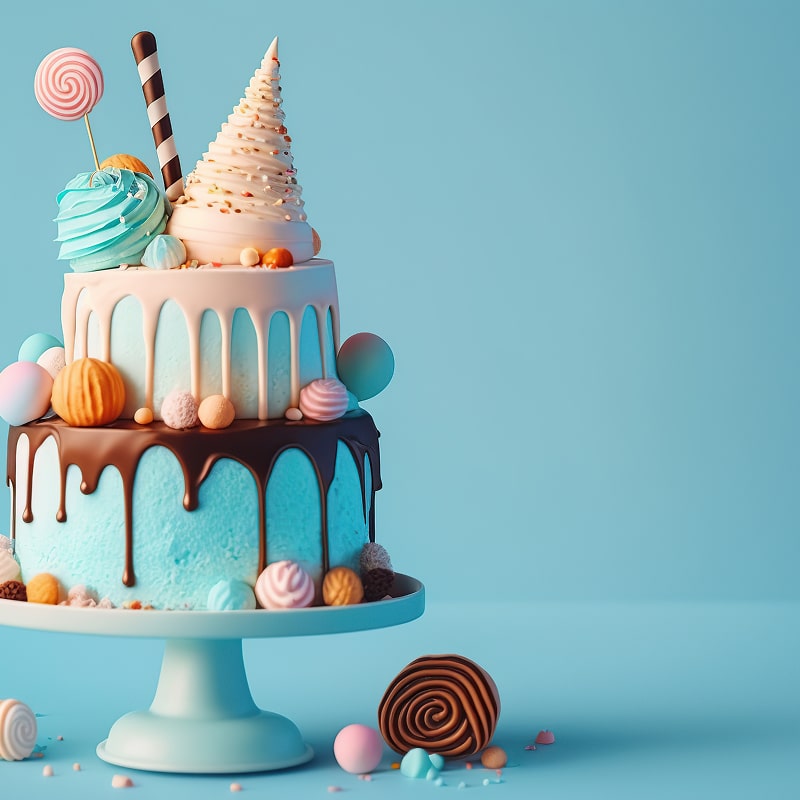 Gâteau d'anniversaire bleu pastel à deux étages avec glaçage dégoulinant chocolat et blanc, décoré de sucette et bonbons colorés.