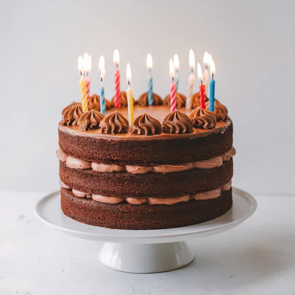 Gâteau d'anniversaire au chocolat à trois étages avec glaçage, décoré de nombreuses bougies colorées allumées sur un présentoir blanc.