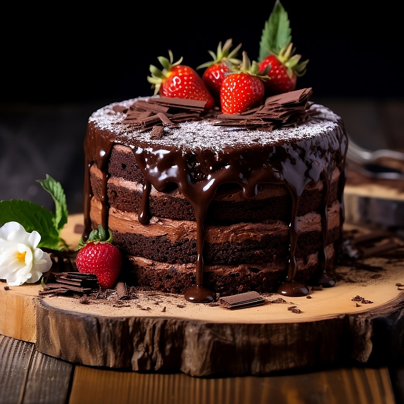 Gâteau au chocolat triple couche garni de fraises, copeaux de chocolat et ganache coulante sur une planche en bois.